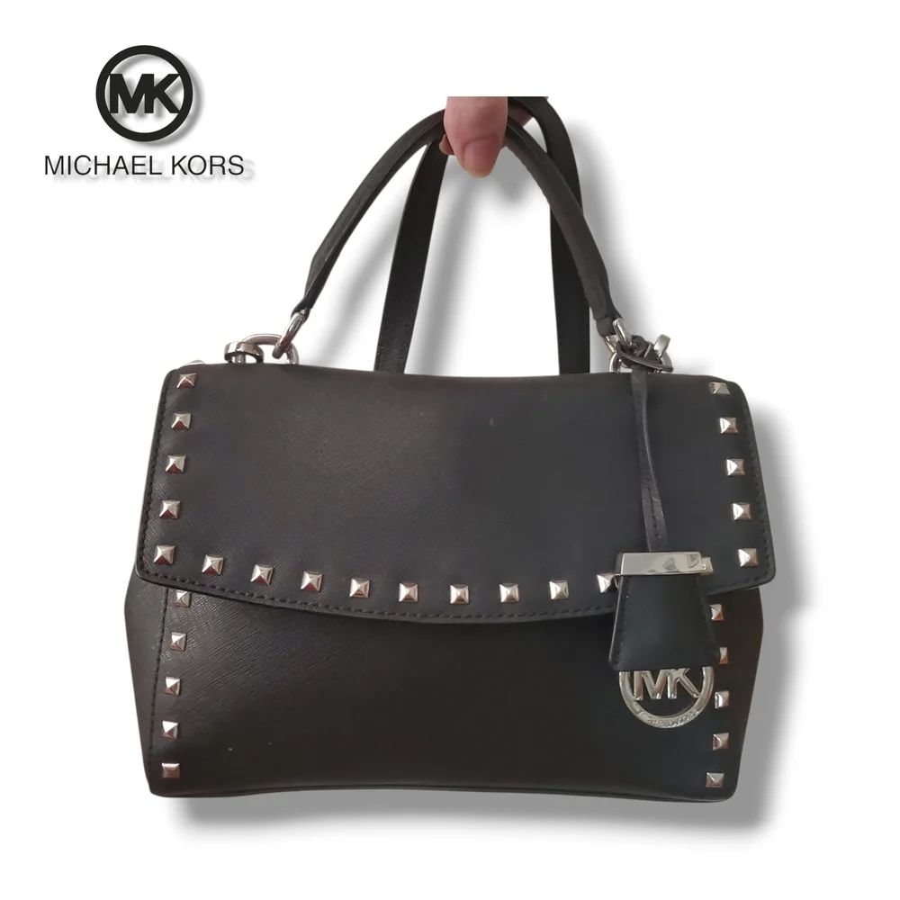 Michael KORS Black Saffiano Leather Top Handle Silver Studded Crossbody Satchel - Picture 1 of 17